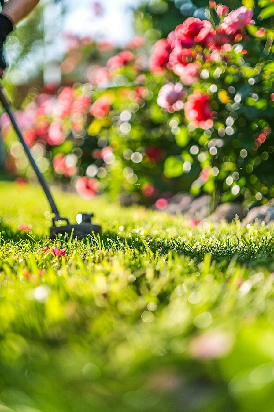 Jardin bien entretenu avec pelouse verte