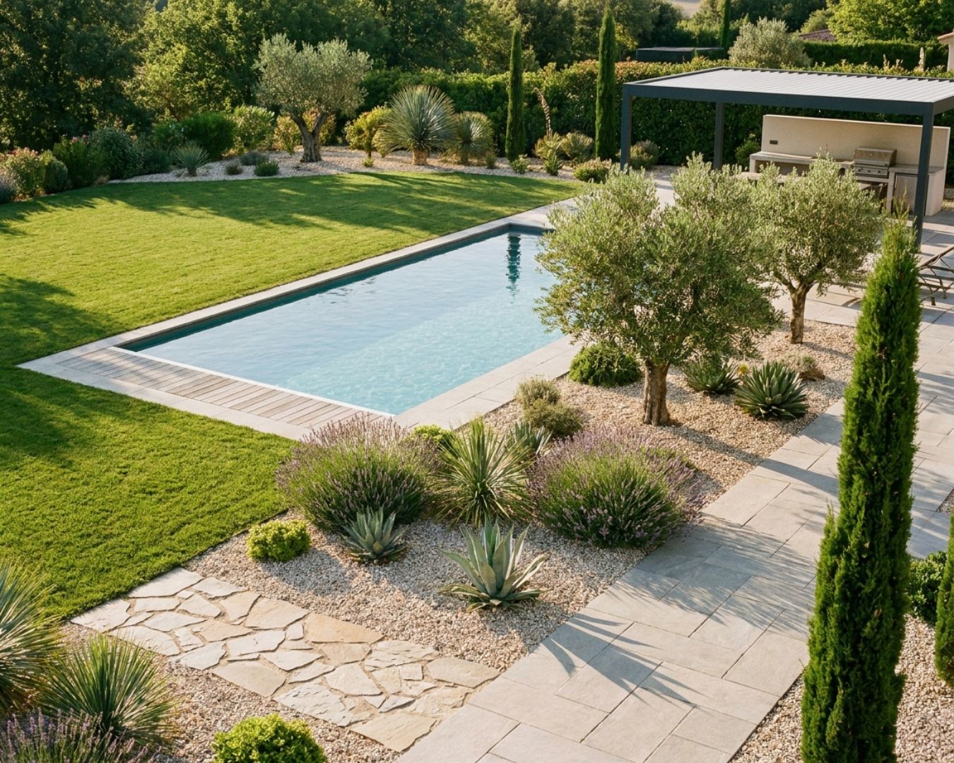 Aménagement paysager autour d'une piscine avec plantes adaptées et circulation fluide
